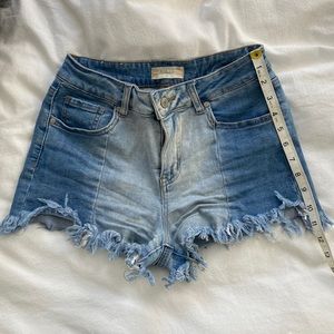 Two tone jean distressed edge shorts